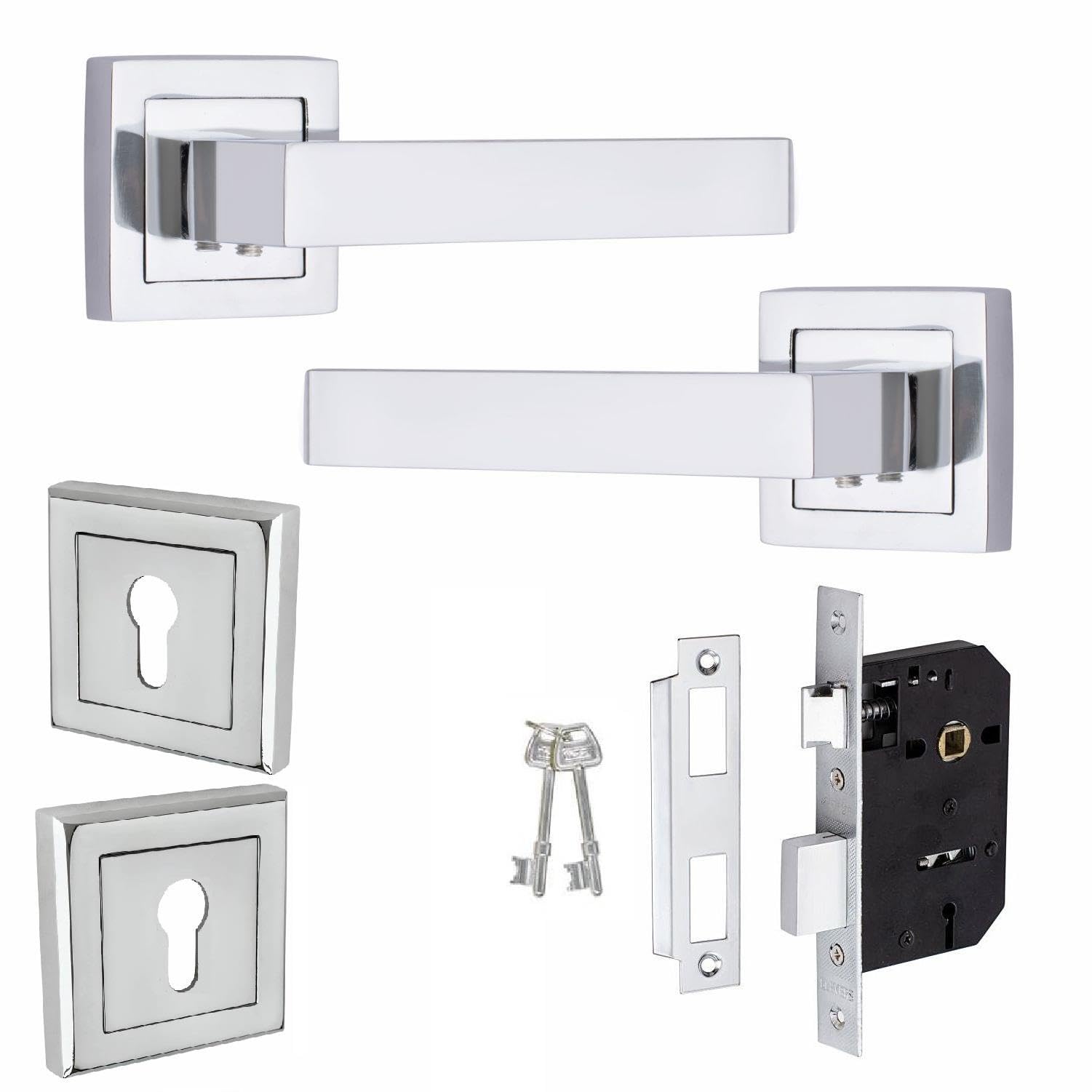 Golden Grace Delta Door Handles Set - Polished Chrome - Contemporary Square Rose Design
