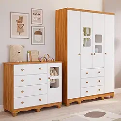 Quarto de Bebê Completo com Guarda Roupa Uli 4 Portas Cômoda Uli 4 Gavetas Móveis Peroba Amendoa/branco