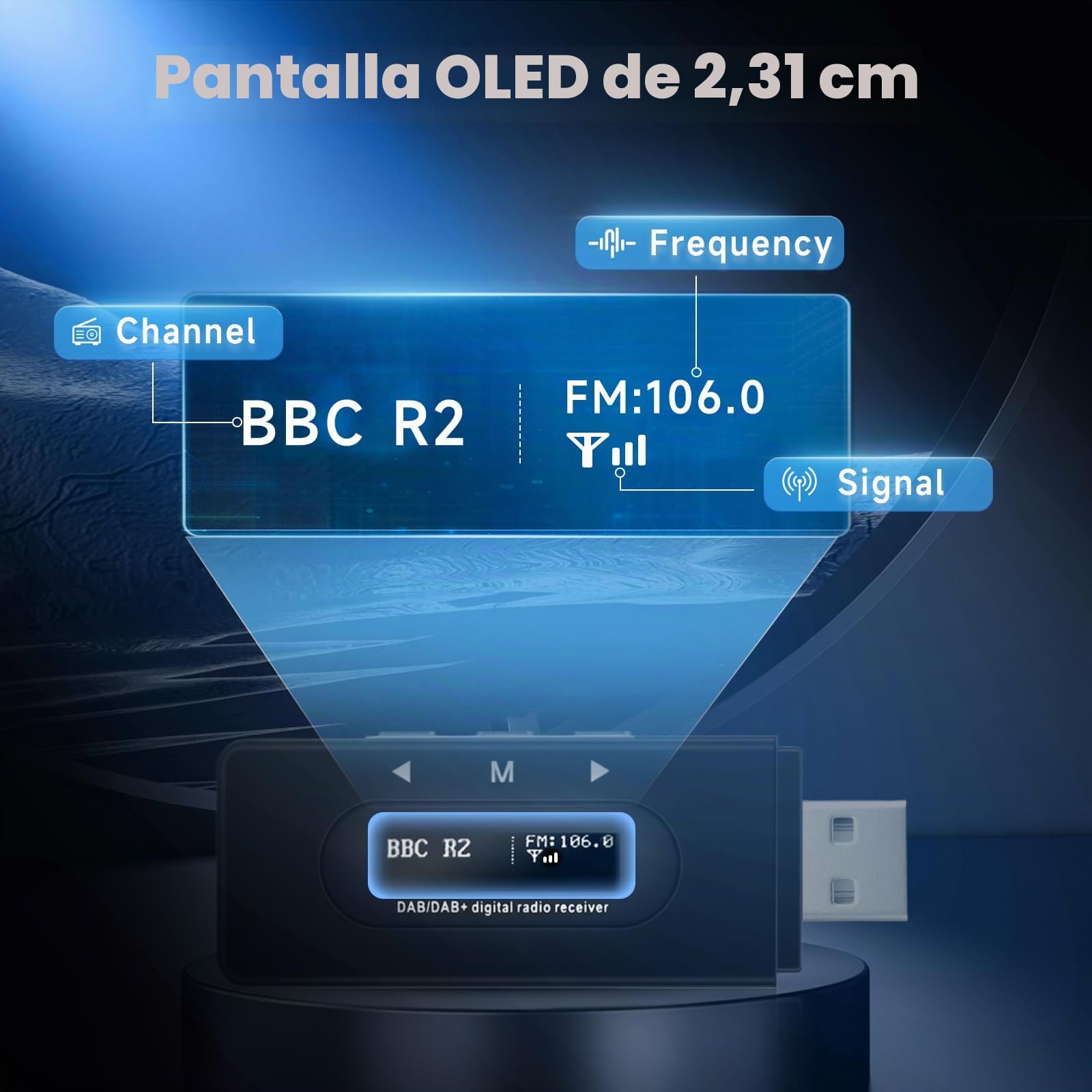 Hodozzy Adaptador Dab/Dab+ para Coche-Receptor de Radio Digital Dab con Antena Activa, Dongle USB 2.0 Módulo Dab Radio Universal, Transmisor FM, Pantalla OLED, Función Line-out para Radios MP5/MP3