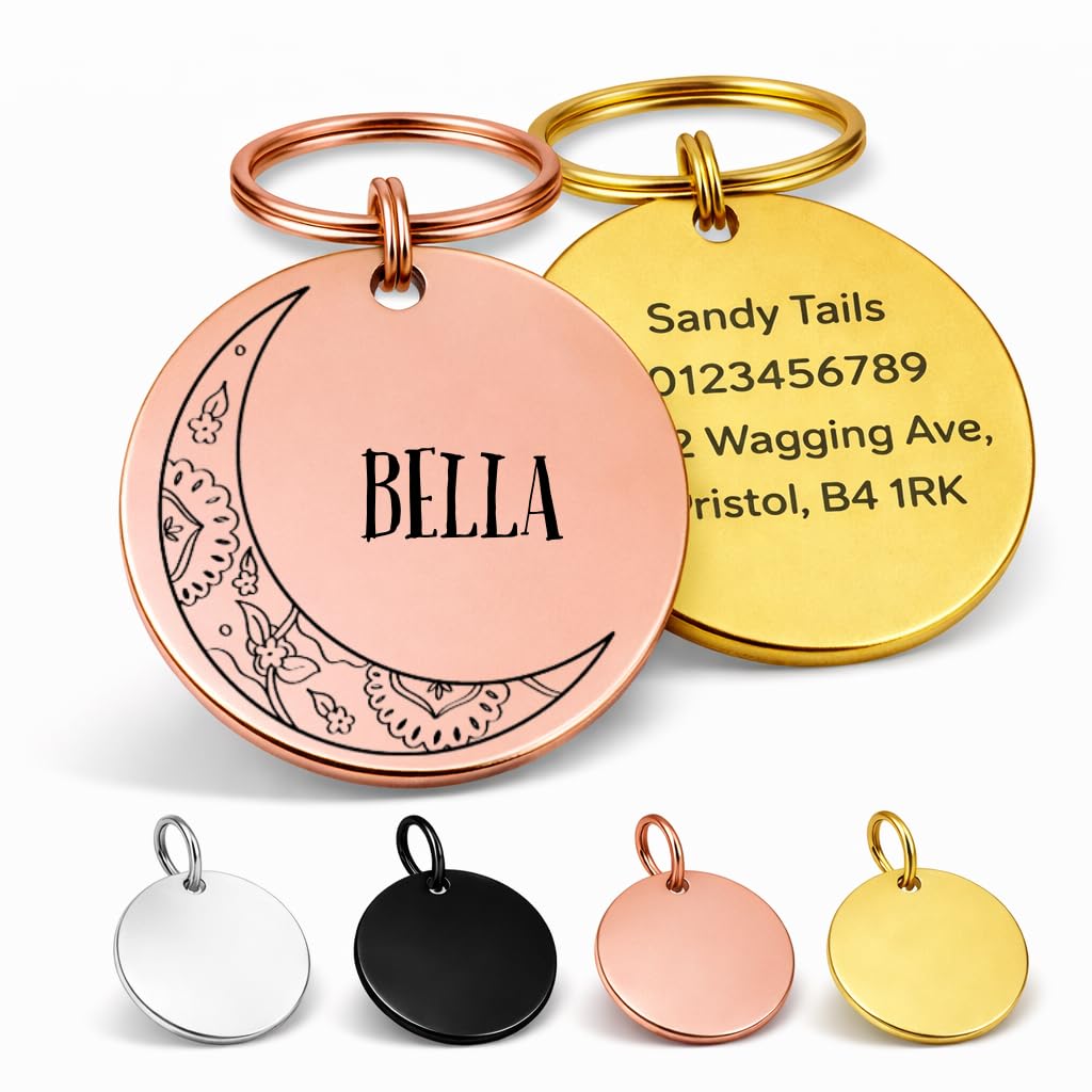 Personalised Moon Pet ID Tag – Custom Engraved Dog & Cat Name Tag, Celestial Night Sky Design (Medium: 30mm)