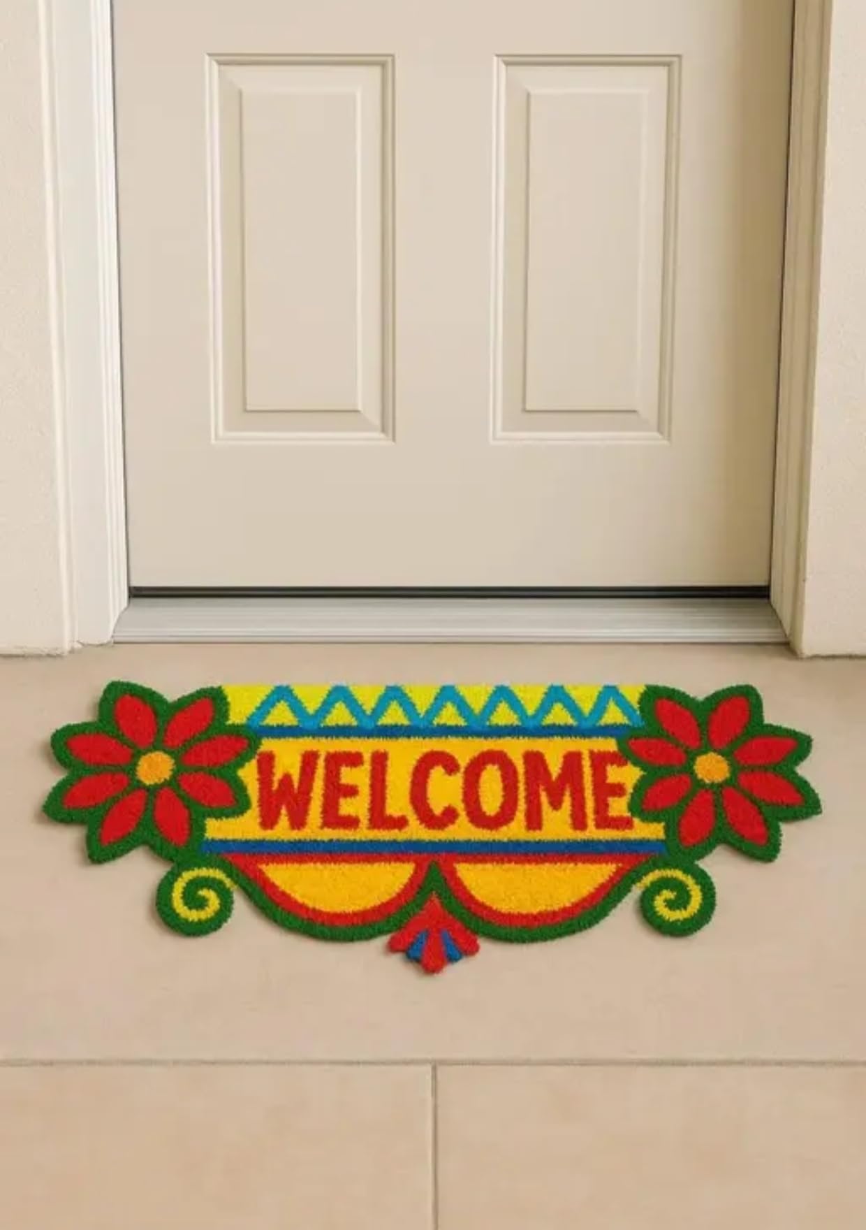 Handmade Rangoli mat 2x2foot Multicolour Welcome Design Washable-image-23