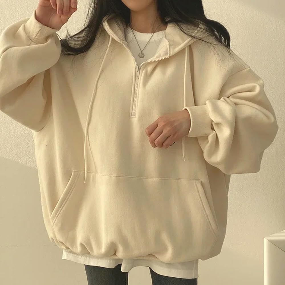 ZBDZSW Damska swobodna bluza z długim rękawem i kieszeniami, gruba bluza z kapturem Harajuku, luźna, oversize, jesień, góra, półzamek, damska bluza