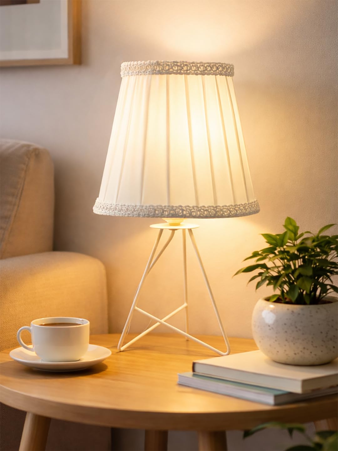 Decorcity Decorative Table Lamp with Pleated Fabric Shade | Bedside Night Lamp for Bedroom Living Room | Modern Tripod Metal Table Light for Home Décor & Gifting (Cream)-image-35