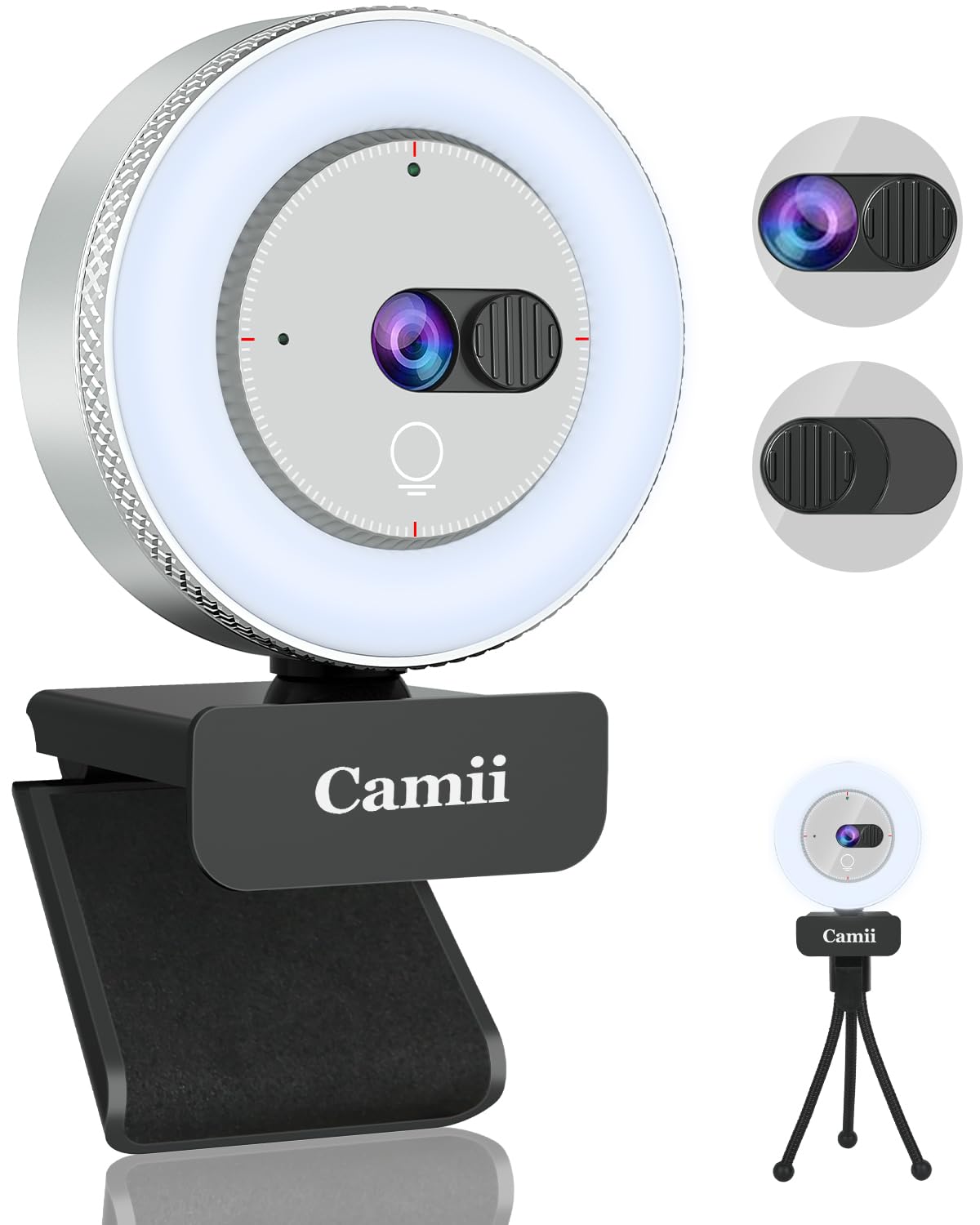 Camii 2K Webcam with Light, HD Webcam for PC with Built-in Privacy Cover, Adjustable Brightness, Noise Reduction Mics, for Zoom Skype Teams Laptop and Google Meet