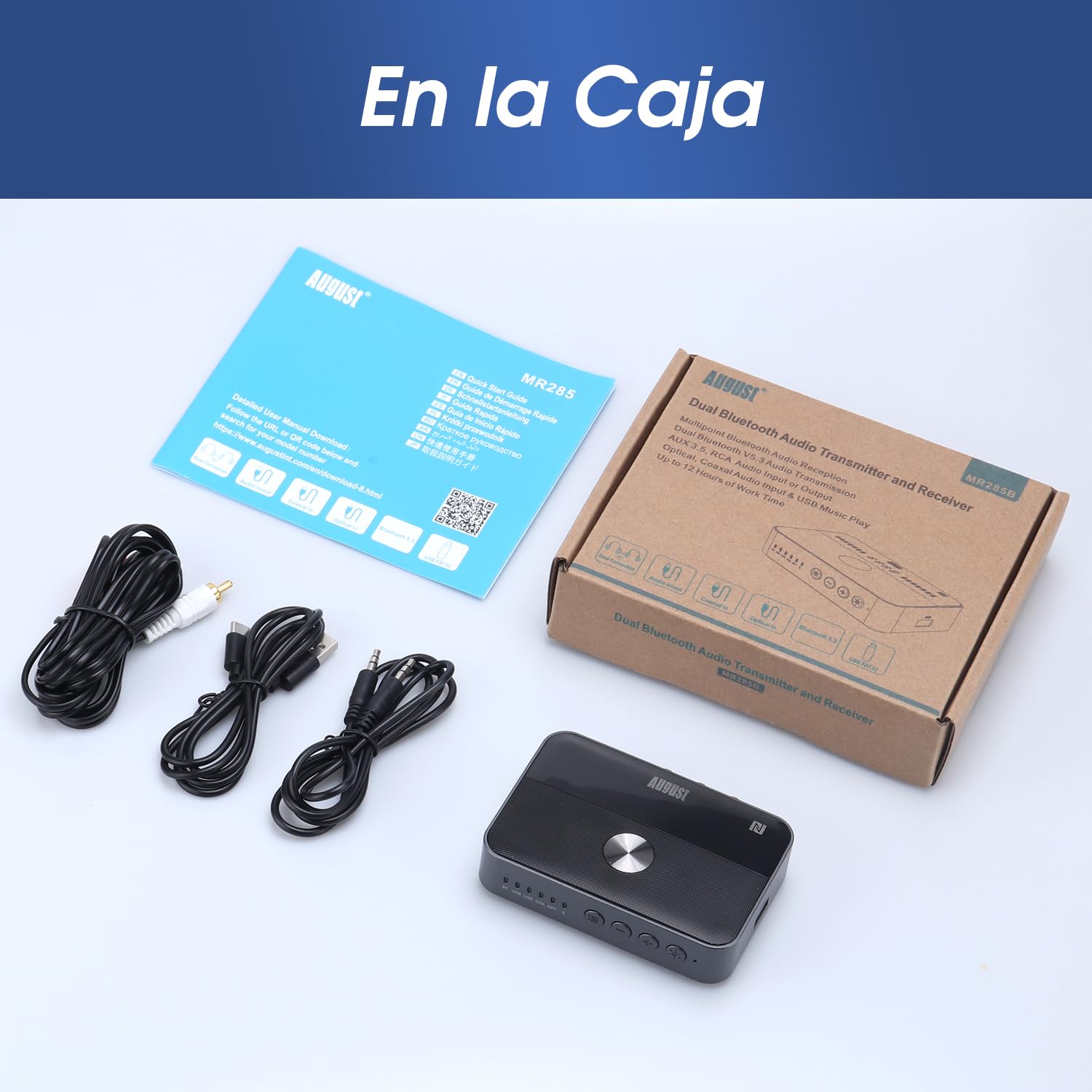 August MR285 Receptor Bluetooth, Transmisor Adaptador Bluetooth para PC TV, Soporte AUX, Jack 3.5, RCA, Óptico, Coaxial, USB y NFC - Modo Bypass, HiFi Audio Dual y Multipunto, 12 Horas
