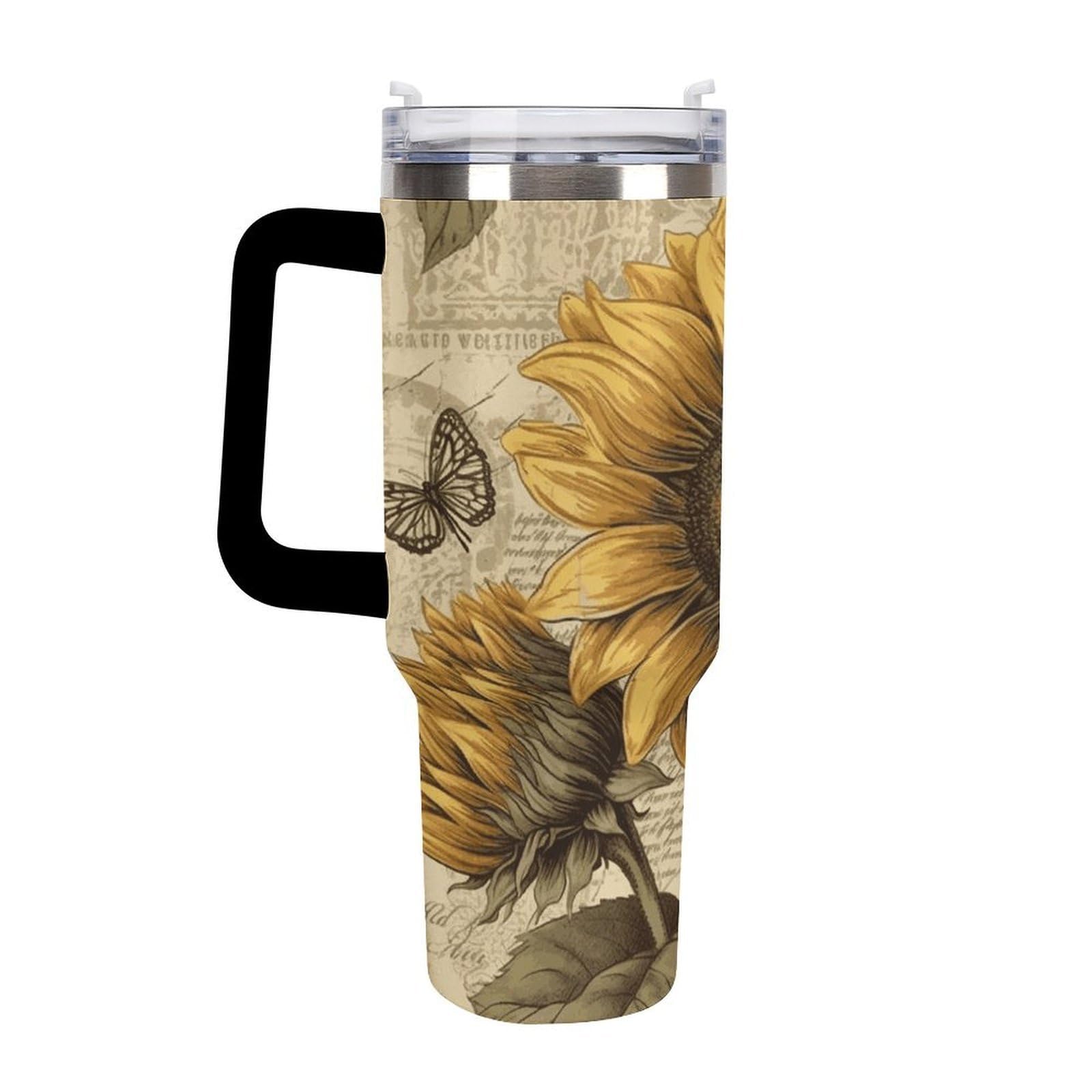 Retro-Sonnenblumen-Becher mit Strohhalm und Griff, doppelwandig, Vakuumisolierung, Wasserflaschen für Eiskaffee, Tee, heiße und kalte Getränke