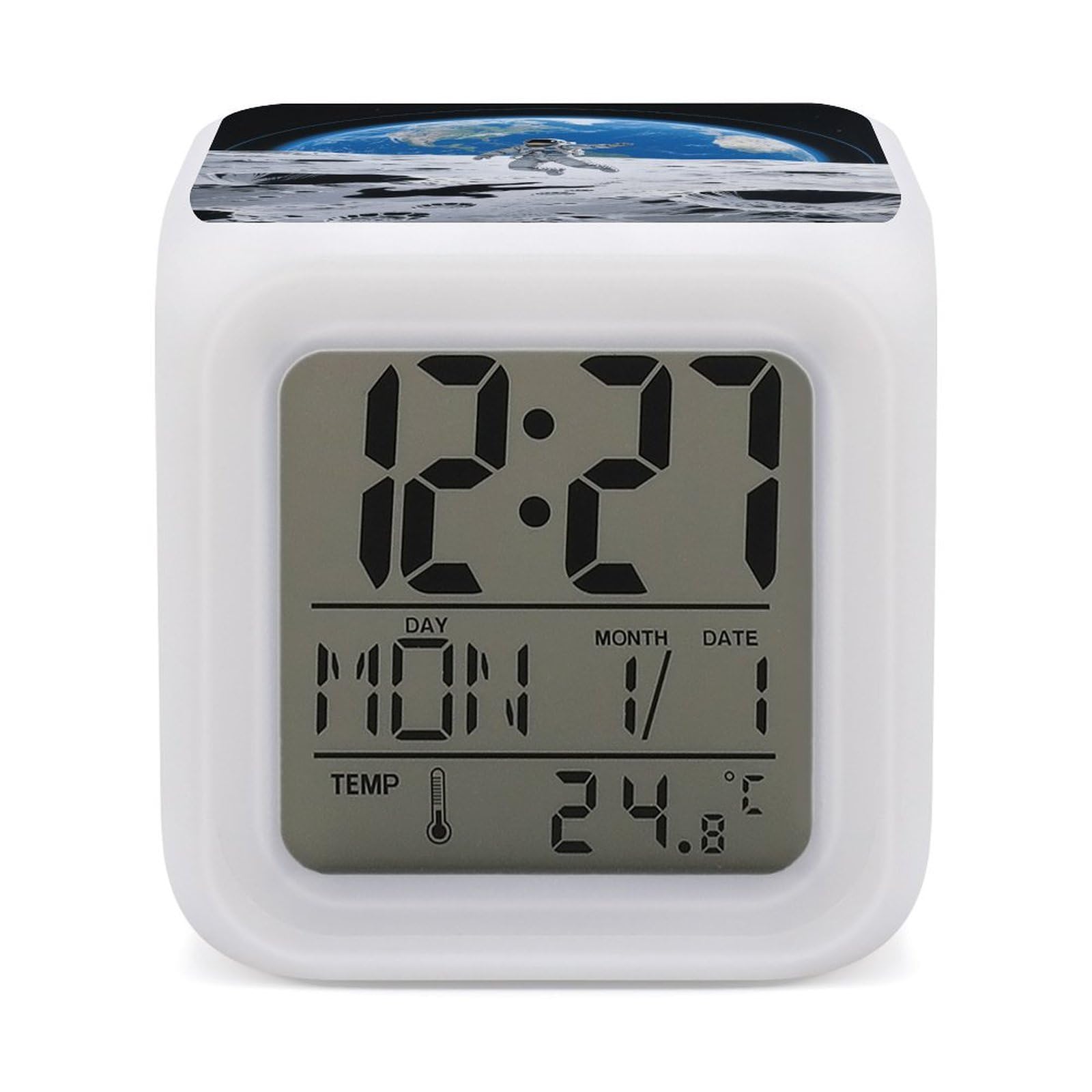 7 Color Ambient Night Light Cube Battery Operated Astronaut Moon Jump Digital Clock with Snooze Temperature LED Digital Alarm Clocks Dimmable Wake Up Light Portable Mood Lamp for Bedroom Desk Gift
