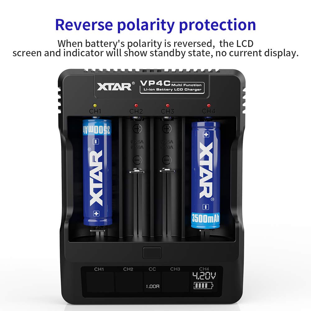 XTAR VP4C 18650 Caricabatteria universale con display LCD a 4 baie per 10440 18700 20700 21700 22650 25500 26650 32650 batterie Mostra tensione della batteria corrente capacità
