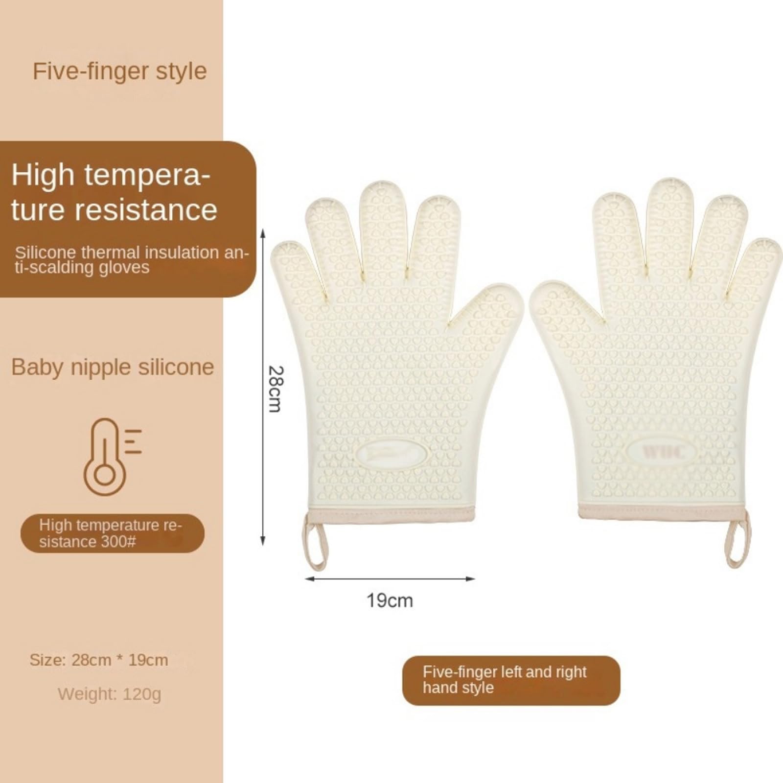 Guantes para Asar Resistentes al Calor y al Agua, Manoplas de Silicona para Horno para Barbacoa, Guantes para microondas antiescaldaduras de Cinco Dedos
