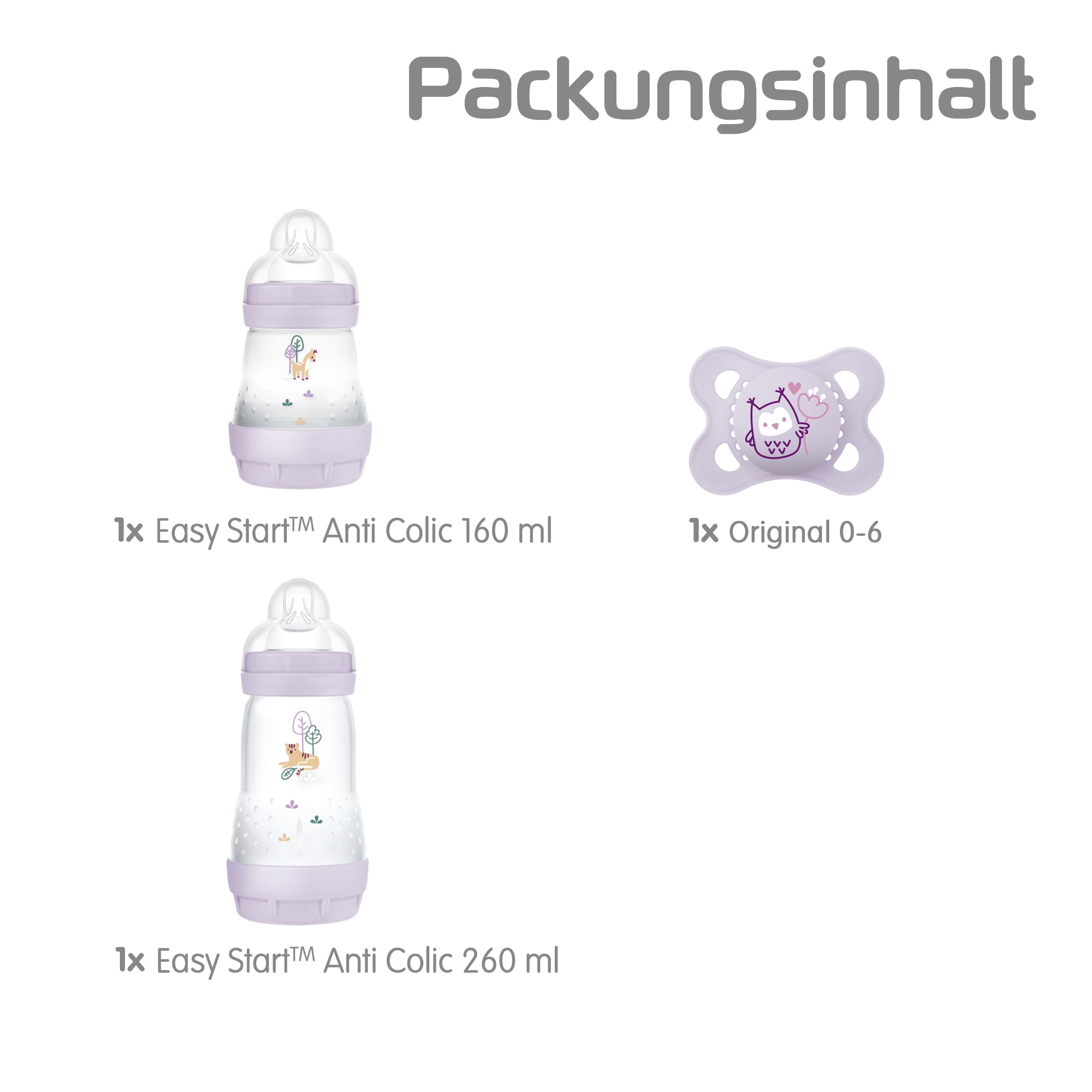 MAM Easy Start Anti-Colic Starter Set S, kit iniziale per bambini con 2 bottiglie anti-coliche (160 ml e 260 ml) con tettarella taglia 1 e ciuccio, set regalo per bambini, dalla nascita, lilla
