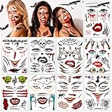 dpkow halloween viso tatuaggi temporanei, 9 spaventosi tatuaggi cicatrici finte zombi sangue tatuaggi adesivi per halloween trucco corpo, occhio insanguinato bocca sanguinante teschio pipistrello