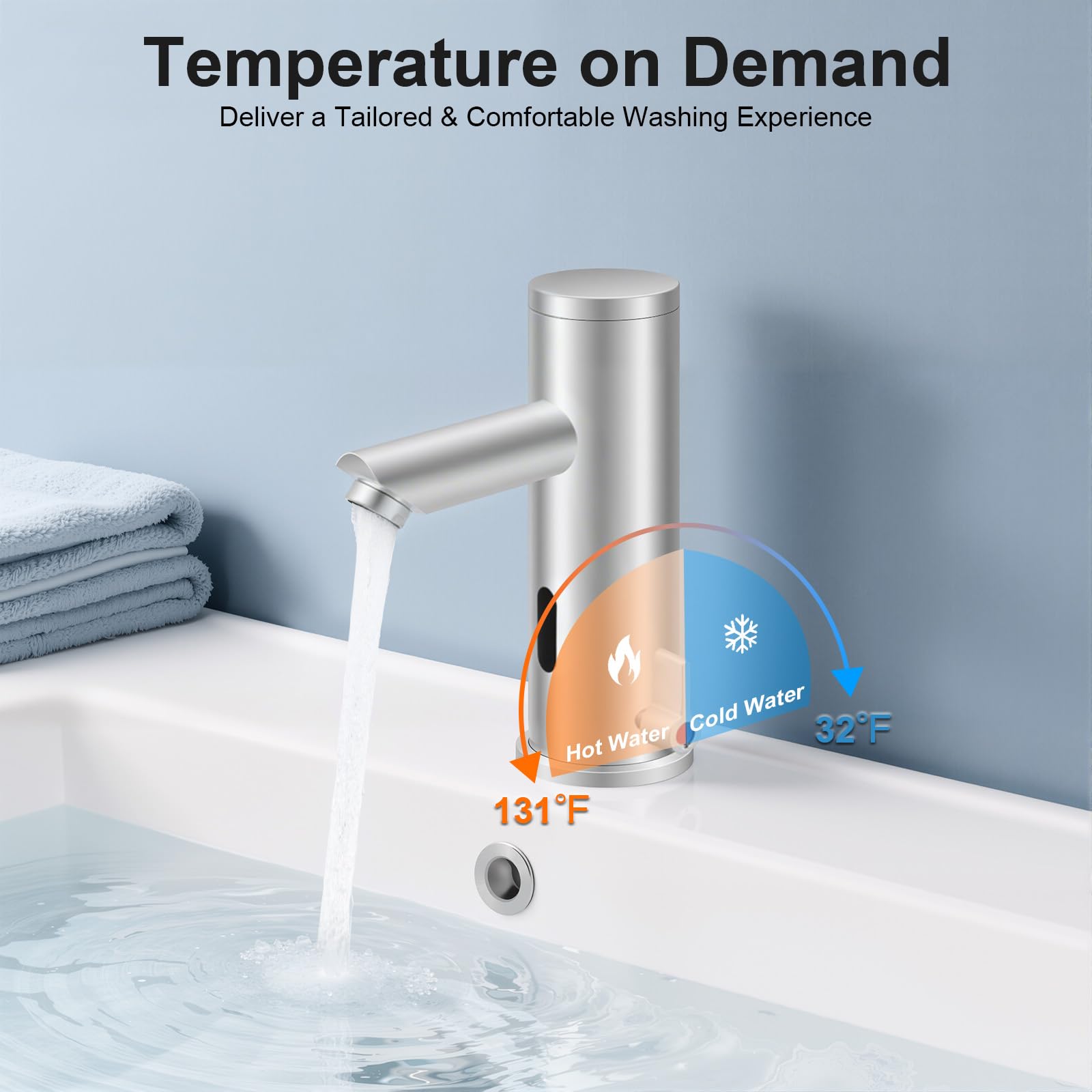 MINRS Rubinetto automatico con sensore a infrarossi, acqua fredda e calda, con sensore lavandino, rubinetto senza contatto, temperatura regolabile 0-55°C con 2 tubi, funzionamento a batteria