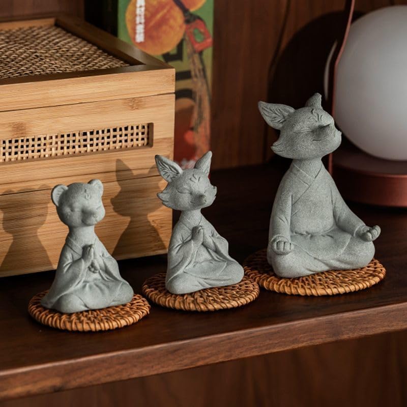 Miniatura 7 de livelyfish Estatua de zorro de Buda meditando, acuario, estatua zen, figuras de animales, escultura de piedra arenisca para pecera, jardín,