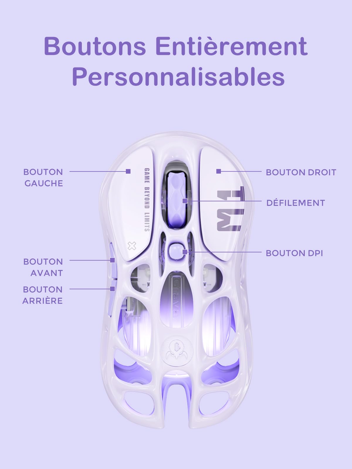GravaStar Mercury M1 Pro Souris de Jeu en Alliage de magnésium léger, 26 000 DPI, capteur PAW3395DM, 5 Boutons programmables, câble/2,4G/BT, jusqu'à 200 Heures de Batterie (Violet)