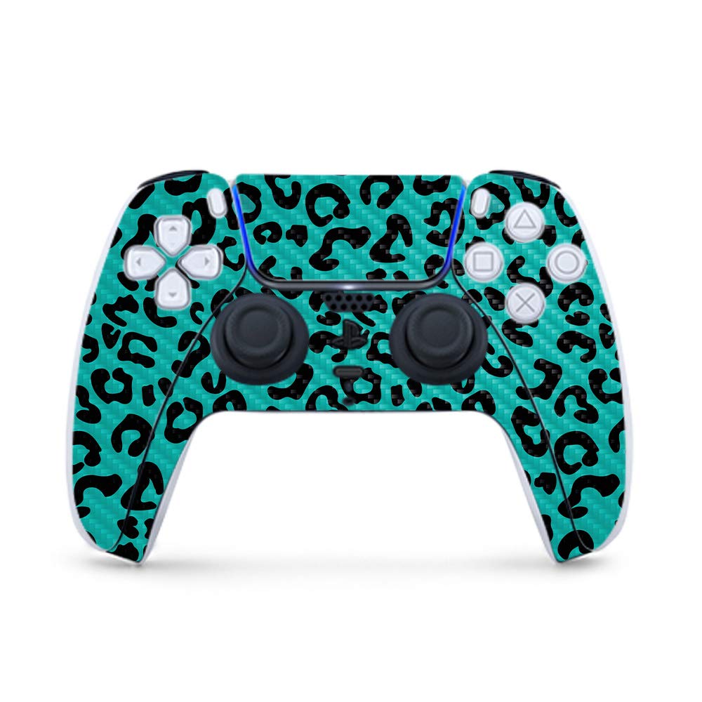 MightySkins Carbon Fiber Gaming Skin for PS5 / PlayStation 5 Controller - Teal Leopard | Durable Textured Carbon Fiber Finish | Easy to Apply and