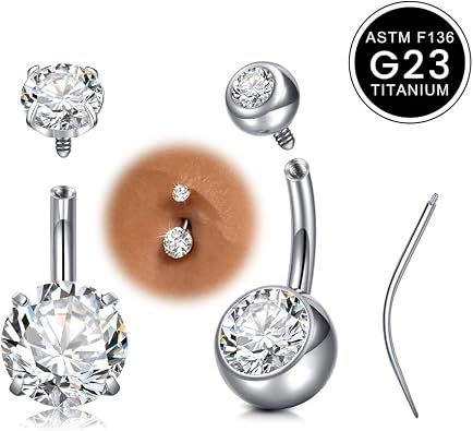 WillTen Titanium Belly Button Bars 6/8/10/12/14/16mm Short/Long Belly Bar, G23 Titanium Cubic Zirconia Internal Thread Navel Button Piercing Rings Silver Gold with Taper for Healing Sensitive Skin