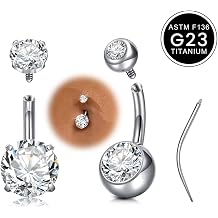 WillTen Titanium Belly Button Bars 6/8/10/12/14/16mm Short/Long Belly Bar, G23 Titanium Cubic Zirconia Internal Thread Navel Button Piercing Rings Silver Gold with Taper for Healing Sensitive Skin
