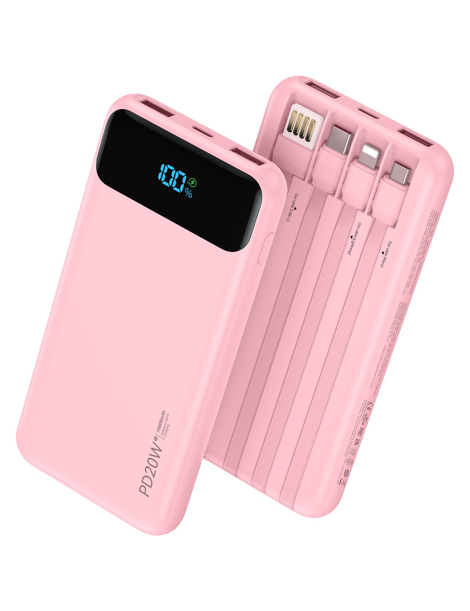 Caricabatterie portatile da 10000 mAh integrato con 4 cavi, ricarica rapida USB C Power Bank da 22,5 W, batteria a 6 uscite, caricabatterie per telefono essenziale da viaggio con display a LED