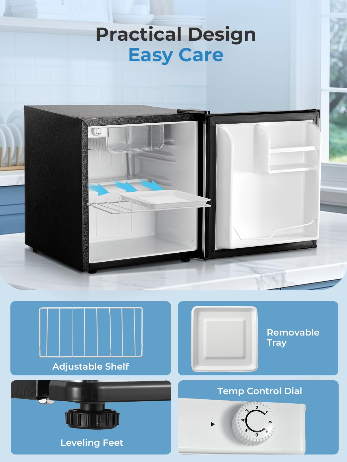 FOHERE Mini Frigorífico 46L, Nevera Pequeña, 7 Niveles de Enfriamiento, Eficiente y Ahorro de Energía, Ultra Silenciosa, Puerta Reversible y Patas Ajustables, para Hotel, Oficina, Dormitorio, Negro