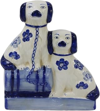 Hand-Painted Porcelain Dog Figurines Sitting on The Drum,Blue and White Ceramic Animal Pet Dog Collectibles for Home Decoration,Unique Gifts-8.5" H
