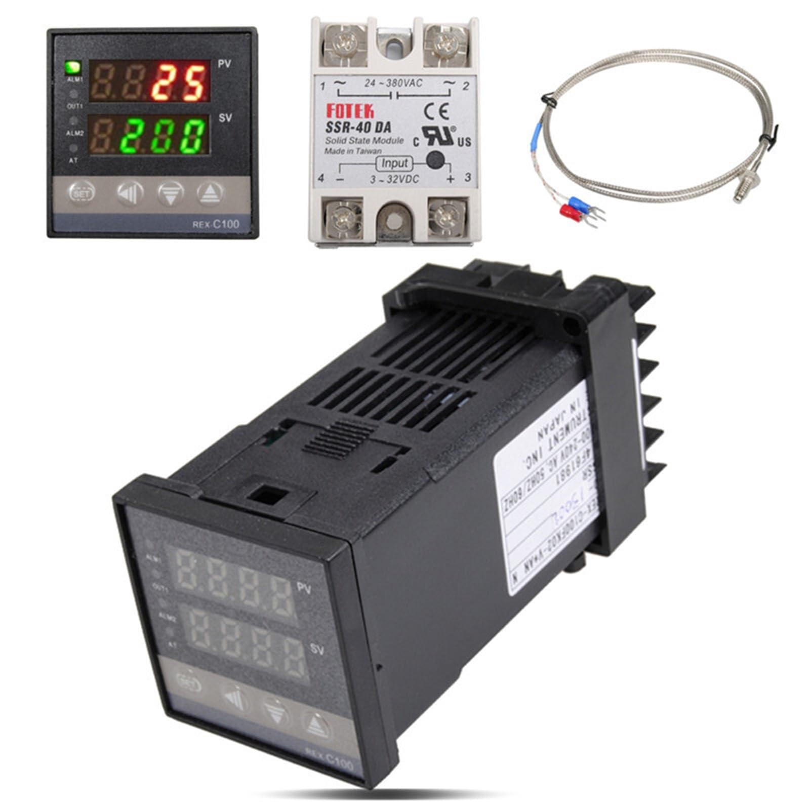 Alarma REX-C100 110V a 240V 0 a 1300 grados Kits de controlador de temperatura PID digital con sensor de sonda tipo K(2pcs SSR-25DA)