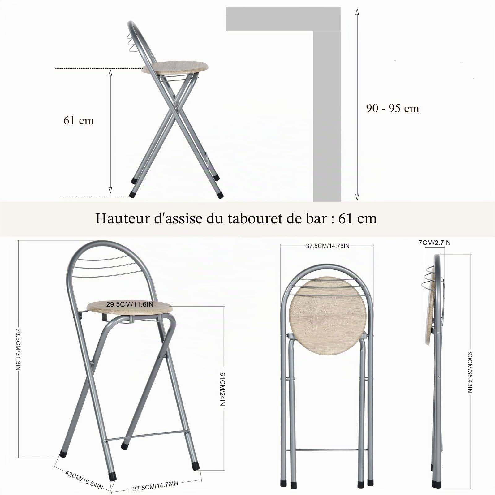 Tabouret de Bar Pliant, Tabouret Pliant Portable Chaise de Bar Pliante avec Dossier Tabouret Pliable pour Bistro Cuisine Terrasse Extérieure, Hauteur d'assise 61 cm, Chêne et Argent