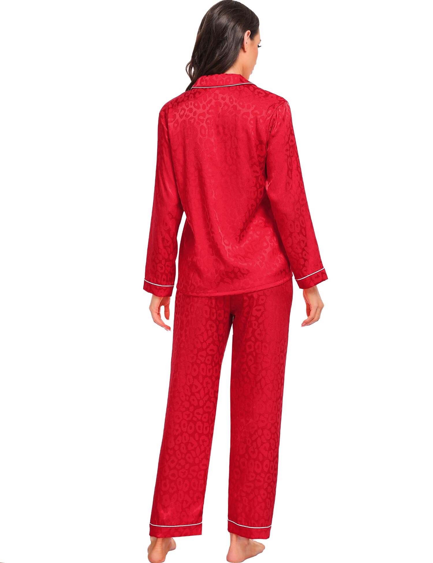 SWOMOG Womens Silk Satin Pajamas Set Long Sleeve Button Down Sleepwear 2 Piece Lounge Set Pj Set XS-3XL: Red Leopard X-Large