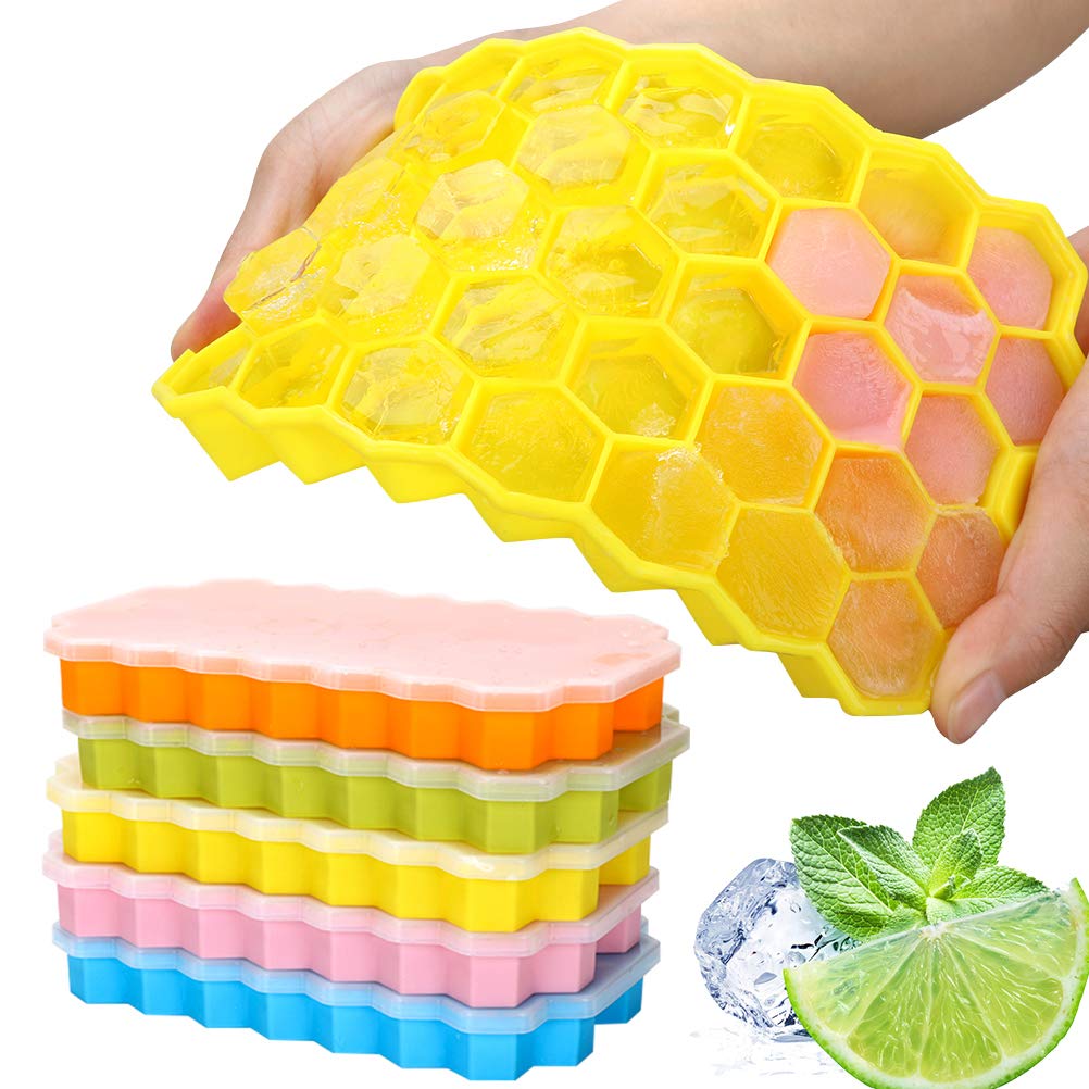 Silicone Ice Cube Trays 5 pack -Easy-Release and Flexible Ice Trays with Spill-Resistant Removable Lid, LFGB Certified and BPA Free, Stackable Durable and Dishwasher Safe