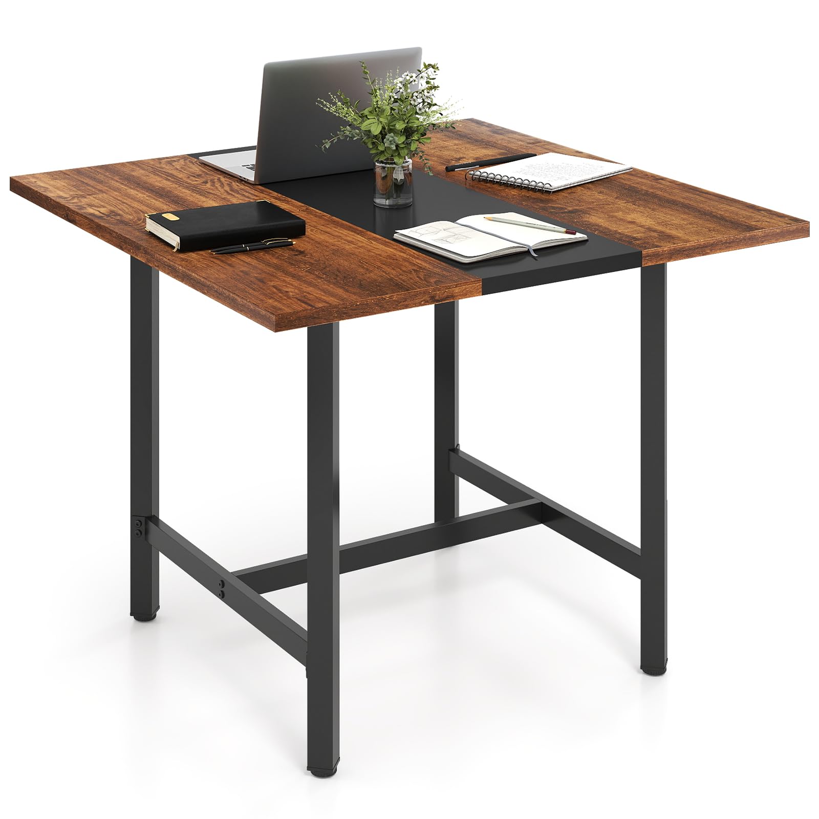 COSTWAY Konferenztisch, quadratischer Besprechungstisch mit Metallrahmen, Seminartisch zusammensetzbar für 4 Personen, Büro, Vorstandszimmer, Esszimmer (100 x 100 x 75 cm,Rustikal Braun + Schwarz)