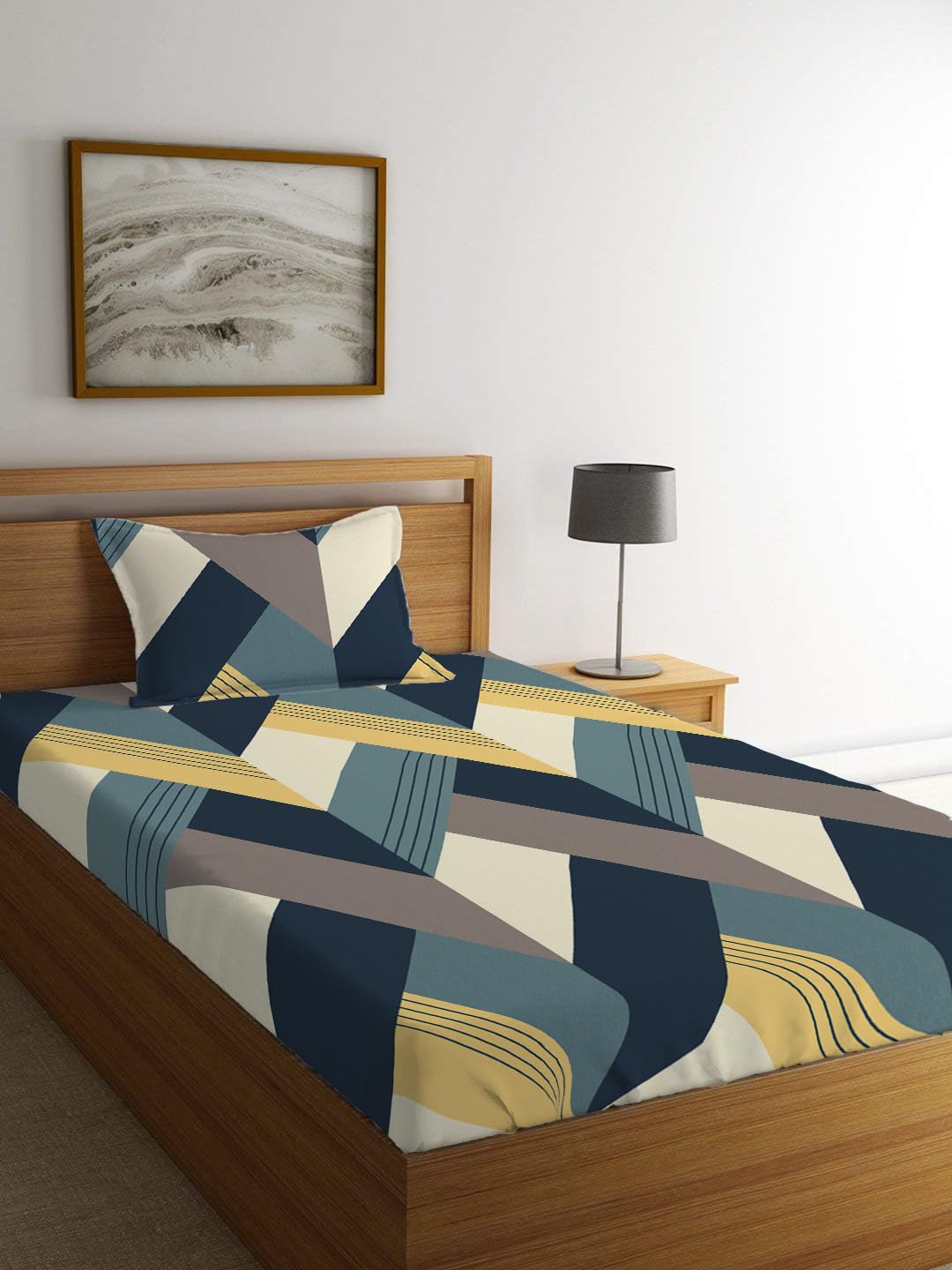 LOOMLYFE 300 TC Cotton Feel Glace Elastic Fitted Printed Single Bed Bedsheet with 1 Pillow Cover Fits Upto 6 Inches Mattress,Size- 42X75X8 Inches, Bluearrow LOOMLYFE 300 TC Cotton Feel Glace Elastic Fitted Printed Single Bed Bedsheet with 1 Pillow Cover Fits Upto 6 Inches Mattress,Size- 42X75X8 Inches, Bluearrow