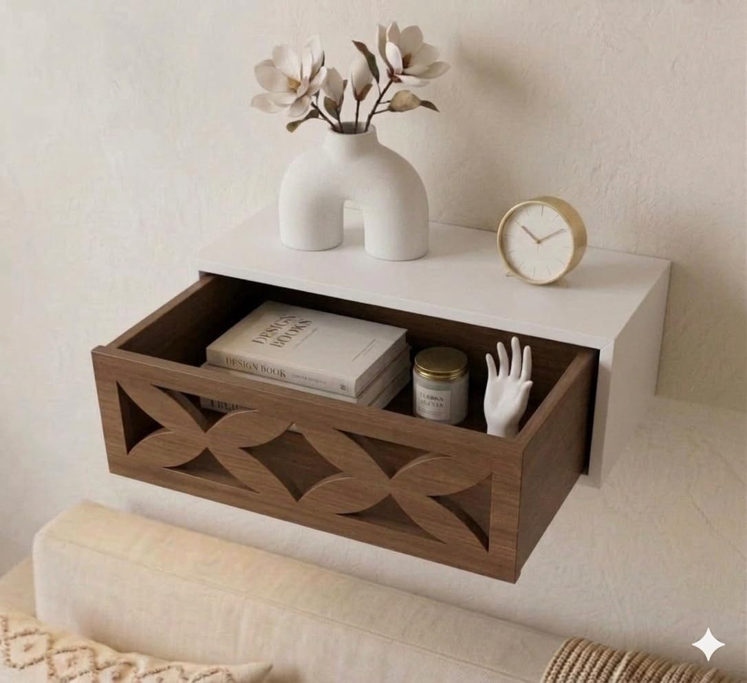 Wooden Floating Wall Hanging Drawer Shelves with a Single Sliding Drawer Rack for Books, TV Setup Box, and Remote Stand (W/BR)-image-30