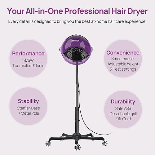 Miniatura 8 de Secador de pelo con capucha iónico, secador de capó de 1875 W (morado)  3 ajustes de temperatura  Secador de pie portátil para uso doméstico y de