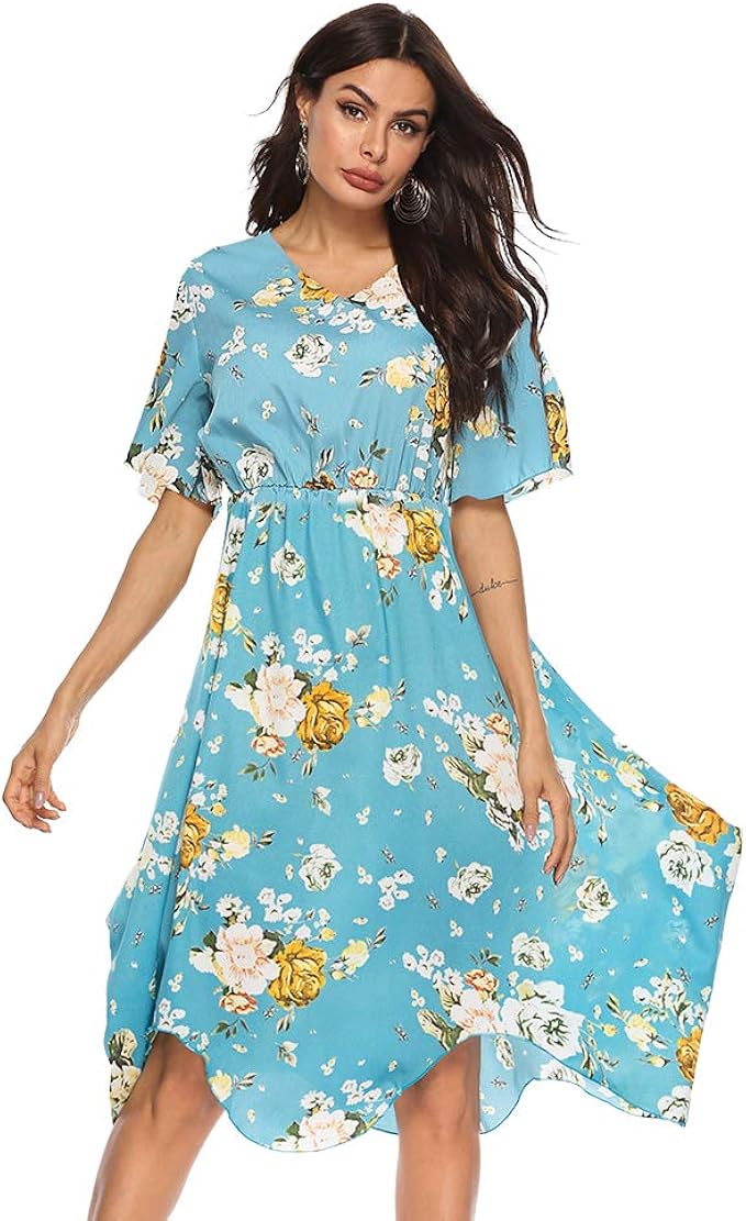 Robes florales pour femmes à manches courtes Aligne plissées Casual Robes Swing Tunique Tshirt