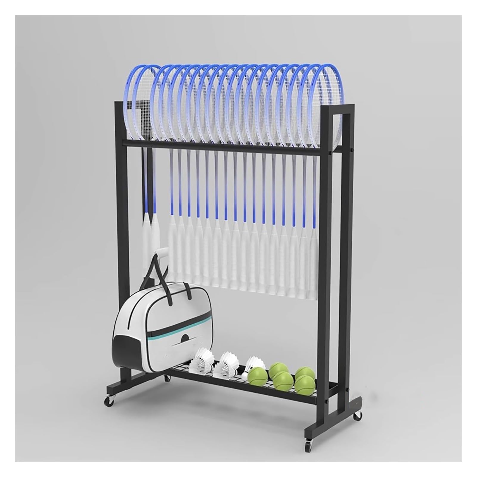 ELUKHT School/Gym/Training Ground Badminton/Tennis Racket Storage Organzier Holder Rack Freestanding, Rolling Mobile Sports Equipment Cart, Large Capacity