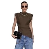 Women's Ruched Cap Sleeve Shoulder Pad Tank Tops Asymmetrical Hem Zipper Summer Casual Basic Tee Shirt Blouses