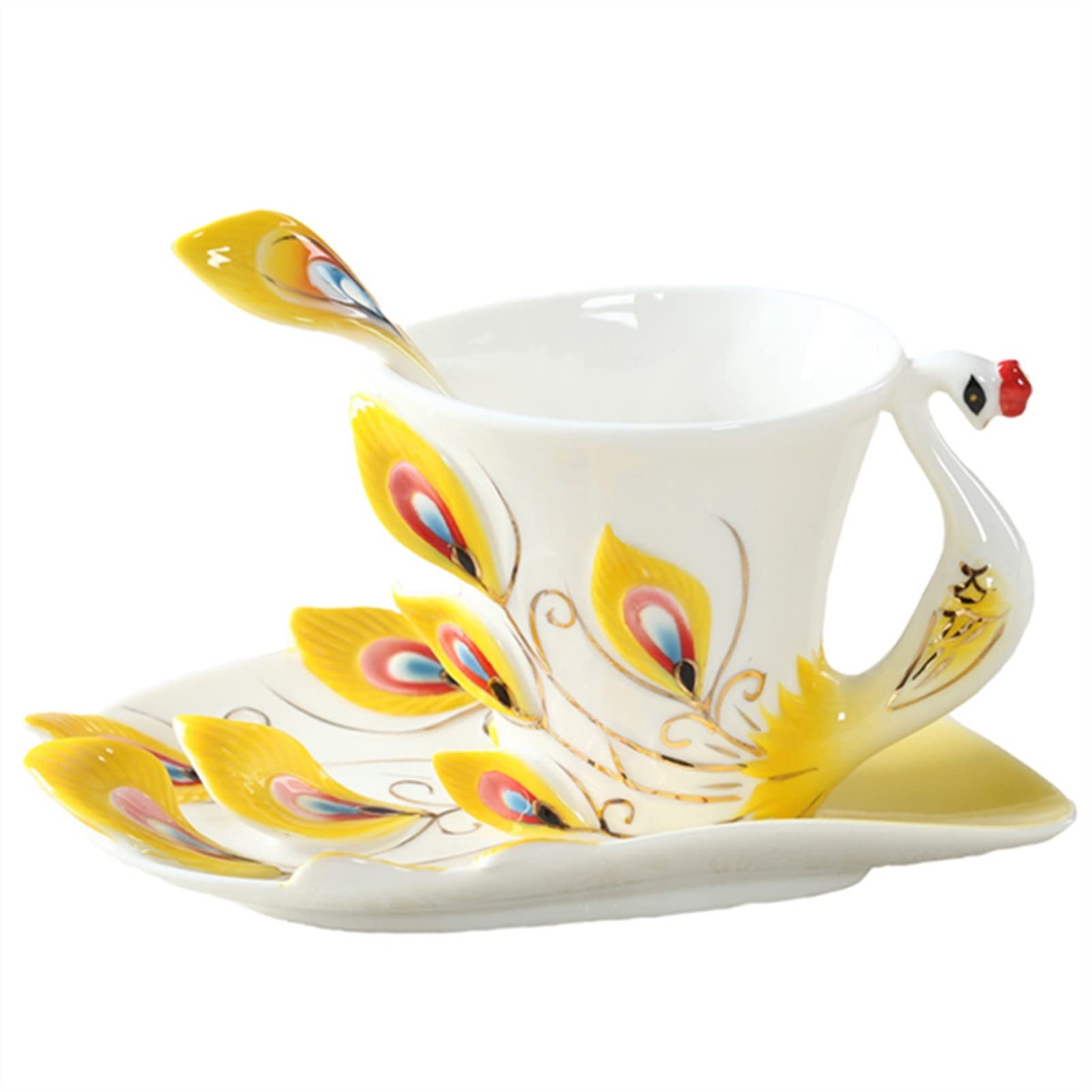 Persönliche Kaffeebecher, 1 Stück Pfauen-Kaffeetasse, Keramik, kreative Tassen, Bone China, 3D-Farbe, Emaille-Porzellan, Tasse, Tasse und Untertasse, Set (Kapazität: 180 ml, Farbe: A) ( Color : E )