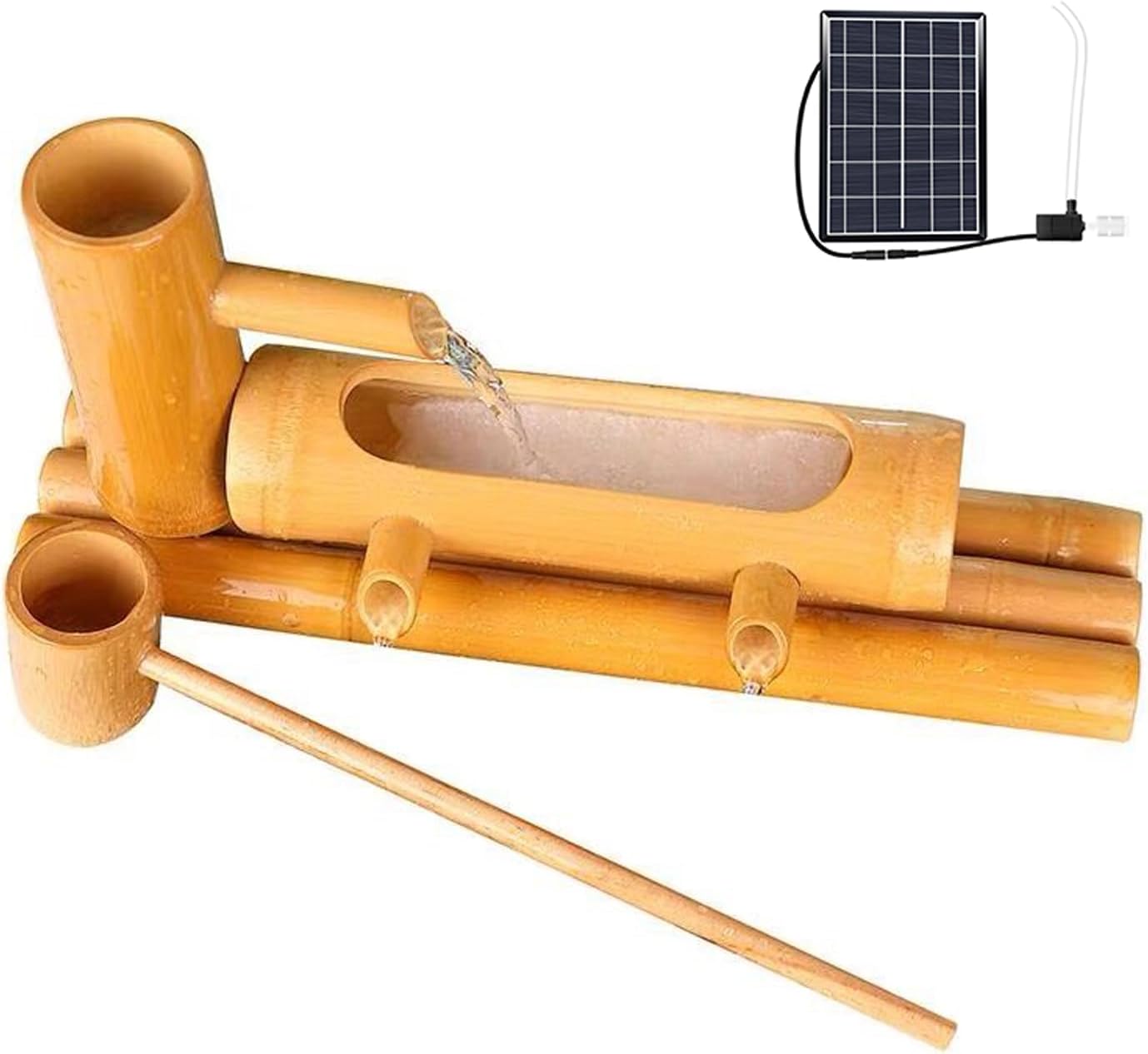 Solar Bamboo Fountain Decoration for Zen Garden, Indoor and Outdoor Patio, Unbreakable Natural Bamboo, Backyard Pond Fountain Kit,B