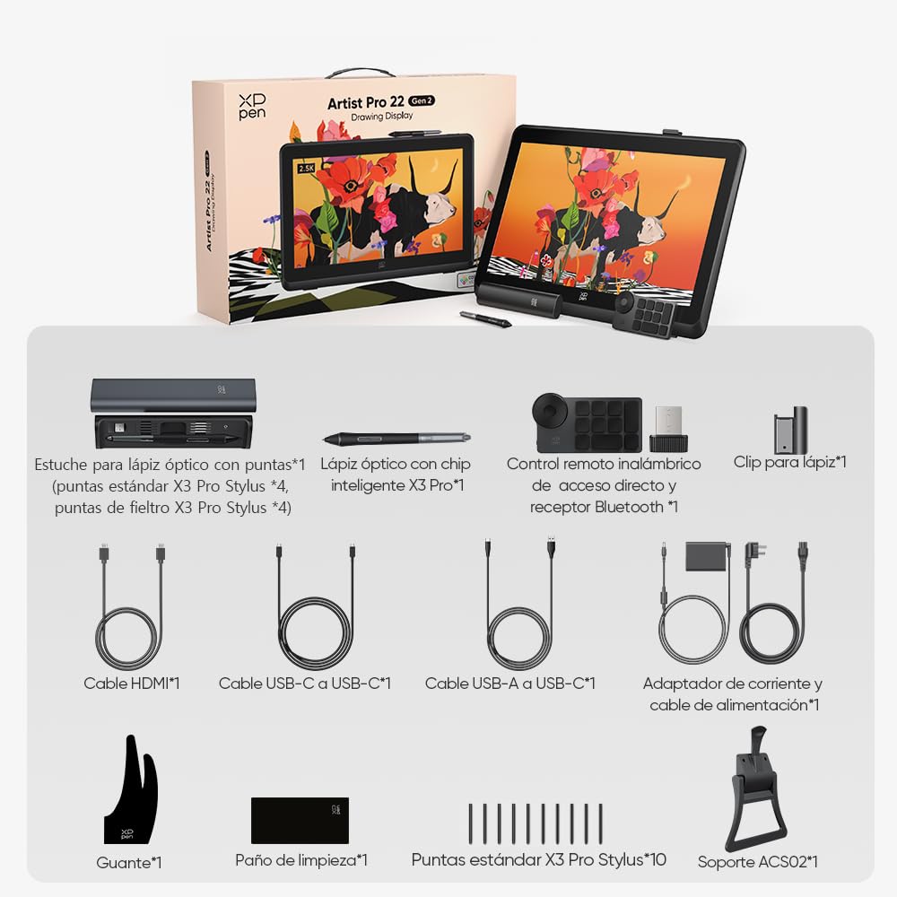 XPPen Artist Pro 22 Gen2 Tableta Gráfica con Pantalla 2.5K QHD de 21.5" | Tableta de Dibujo digital con X3 Pro Lápiz de 16384 Niveles de Presión, Ideal para Diseñar y Dibujar