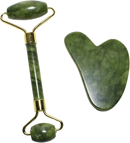 Rodillo facial y juego de Gua Sha, rodillo facial de jade para el cuidado de la piel, rutina de cuidado personal, masajeador para cara, cuello y