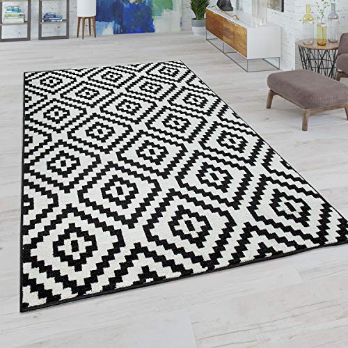Paco Home Wohnzimmer Teppich, Rauten Muster in Pastell Farben, Moderner Boho Ethno Look, Grösse:70x140 cm, Farbe:Schwarz Weiß