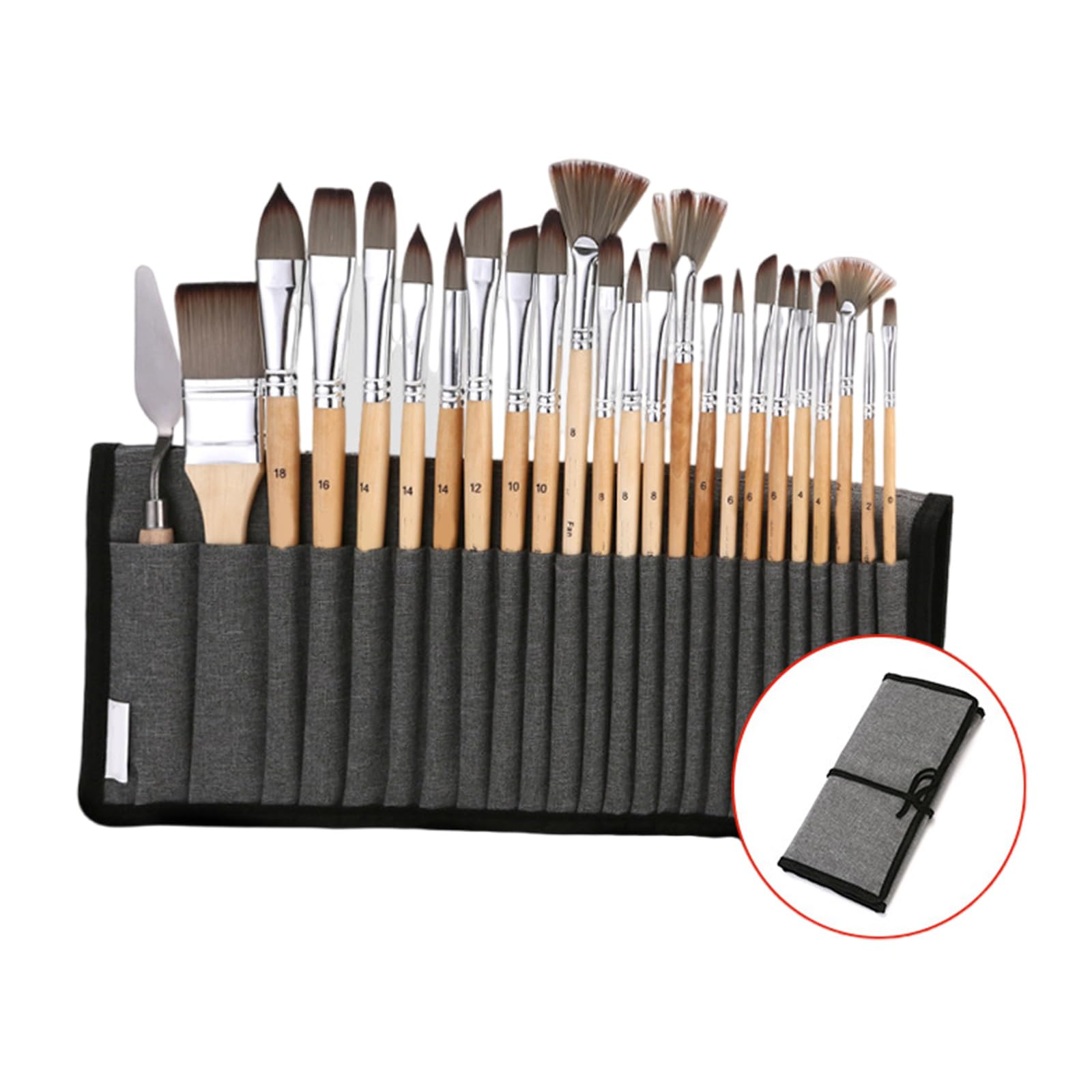 Lot de 24 pinceaux avec rouleau en tissu, pinceau aquarelle, pinceau en nylon pour les amateurs de peinture