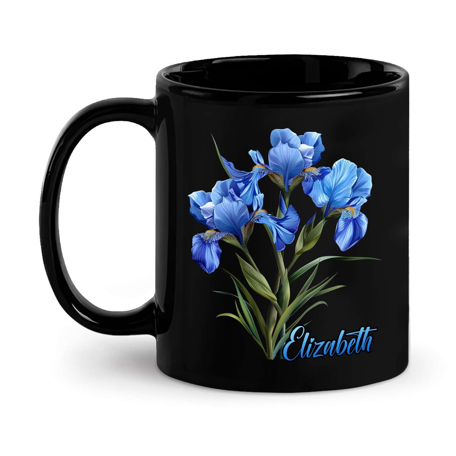 Customized Iris Flower Themed Cup, Custom Name Floral Coffee Mug, Vibrant Iris Black Mug 11oz 15oz, Personalized Botanical Decor Mug, Birthday Cup Gift, Floral Ceramic Mug Present