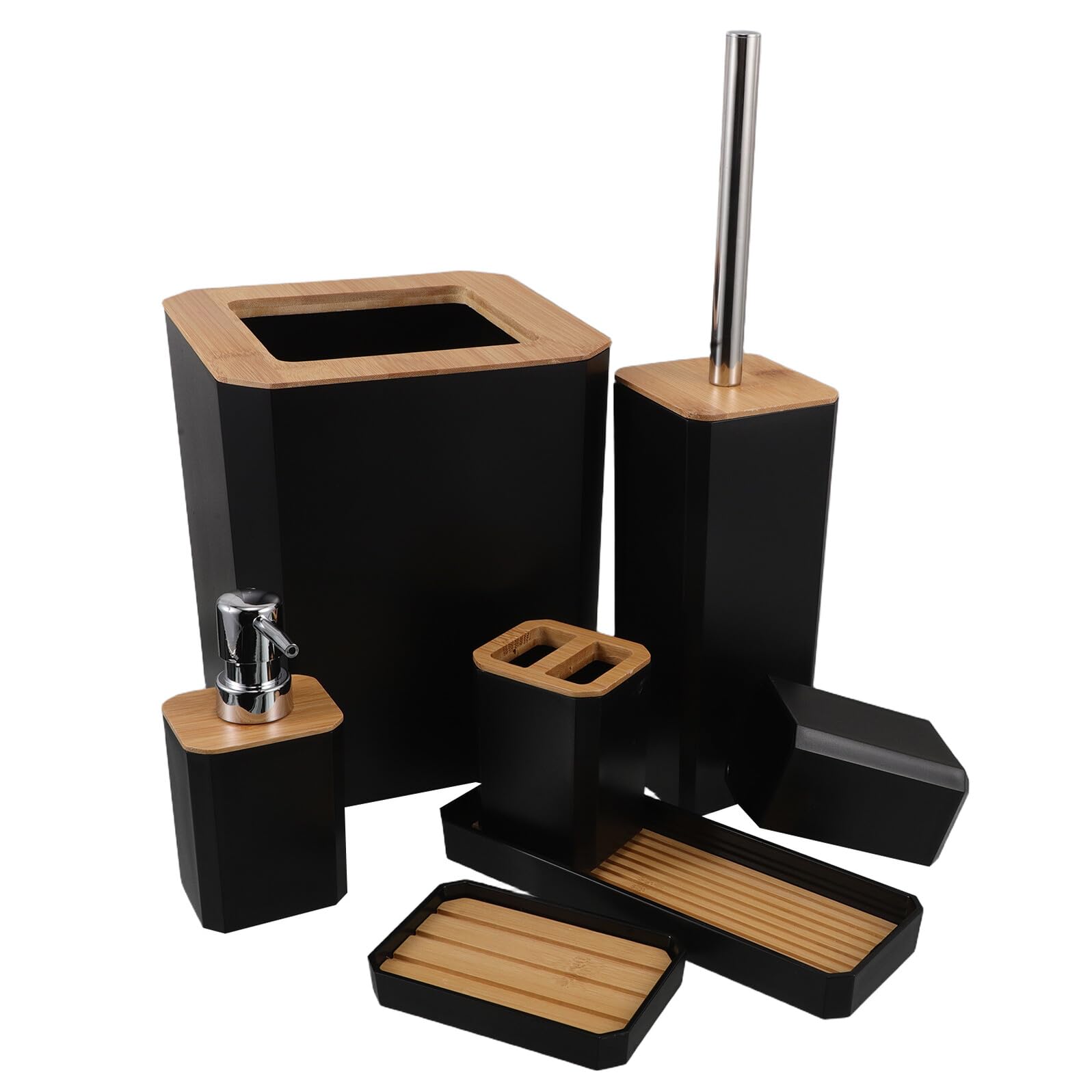 Set Accessori Bagno in Bambù Nero per Casa e Hotel | Porta Spazzolini, Dispenser Sapone, Bicchiere, Piattino, Finitura Nera, Manutenzione Semplice