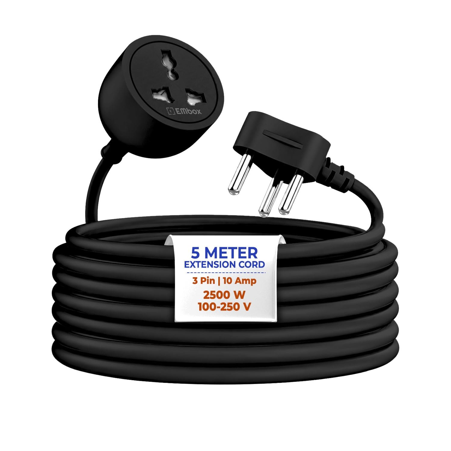 Embox 10A Single Socket Extension Board-Heavy Duty Male to Female Power Extension Cord-2500W Wire Extender for Indoor Outdoor Use-3Pin Single Plug Extension Cable