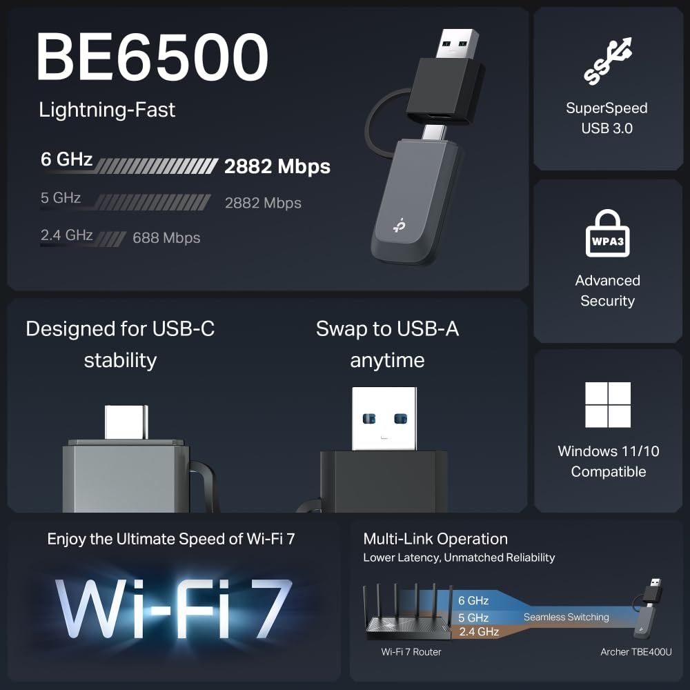 TP-Link Archer TBE400U Wi-Fi 7 WLAN Stick für PC, USB-C/A WLAN Adapter BE6500 Tri-Band, MU-MIMO, WPA3, USB 3.0, nur Kompatibel mit Windows 10/11