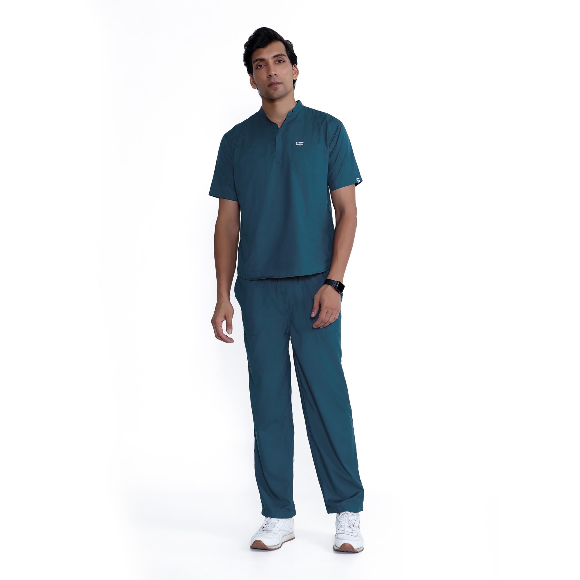 KNYA Classic Men's 5-Pocket Mandarin Collar Scrub Suit| Regular fit | Short Sleeves | For Doctors (Forest Green, S)-image-37
