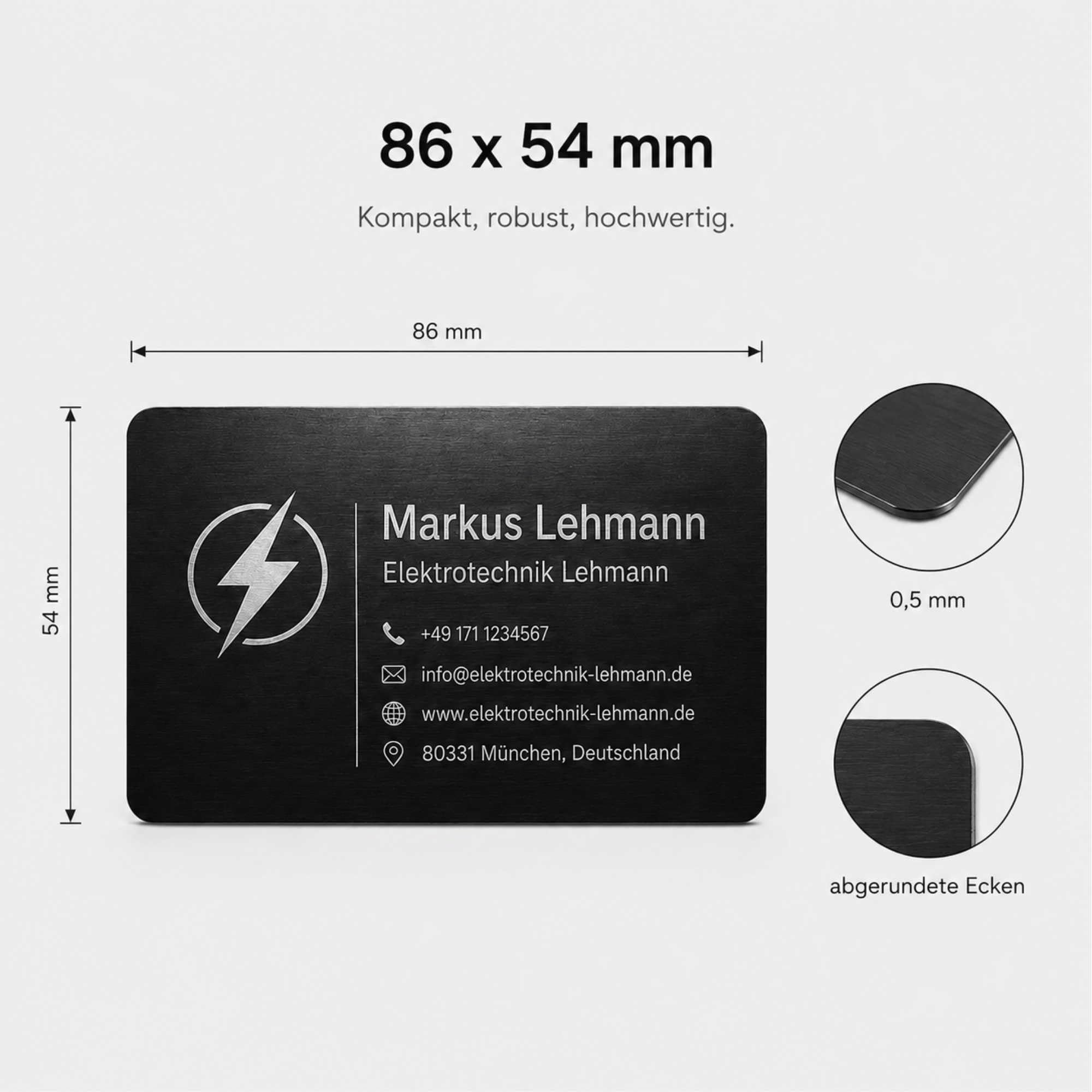 Visitenkarten erstellen - 100 personalisierte Aluminium Metall-Visitenkarten in Schwarz, 85 x 54 mm, mit Logo, Text oder QR Code, beidseitige Lasergravur
