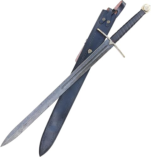 s Viking Einherjar Espada de espiga completa - Hoja de acero de Damasco (400-520 capas) con mango envuelto en cuero, protector de latón y pomo,