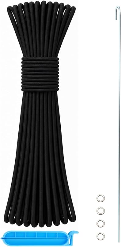 Cordón de choque para poste de tienda de campaña de 1/8 pulgadas, 60 pies, cable de choque de repuesto para varilla de tienda de campaña, kit de reparación de postes de tienda, cordón elástico, cordón elástico con alambre conductor/arandelas/clip (negro)