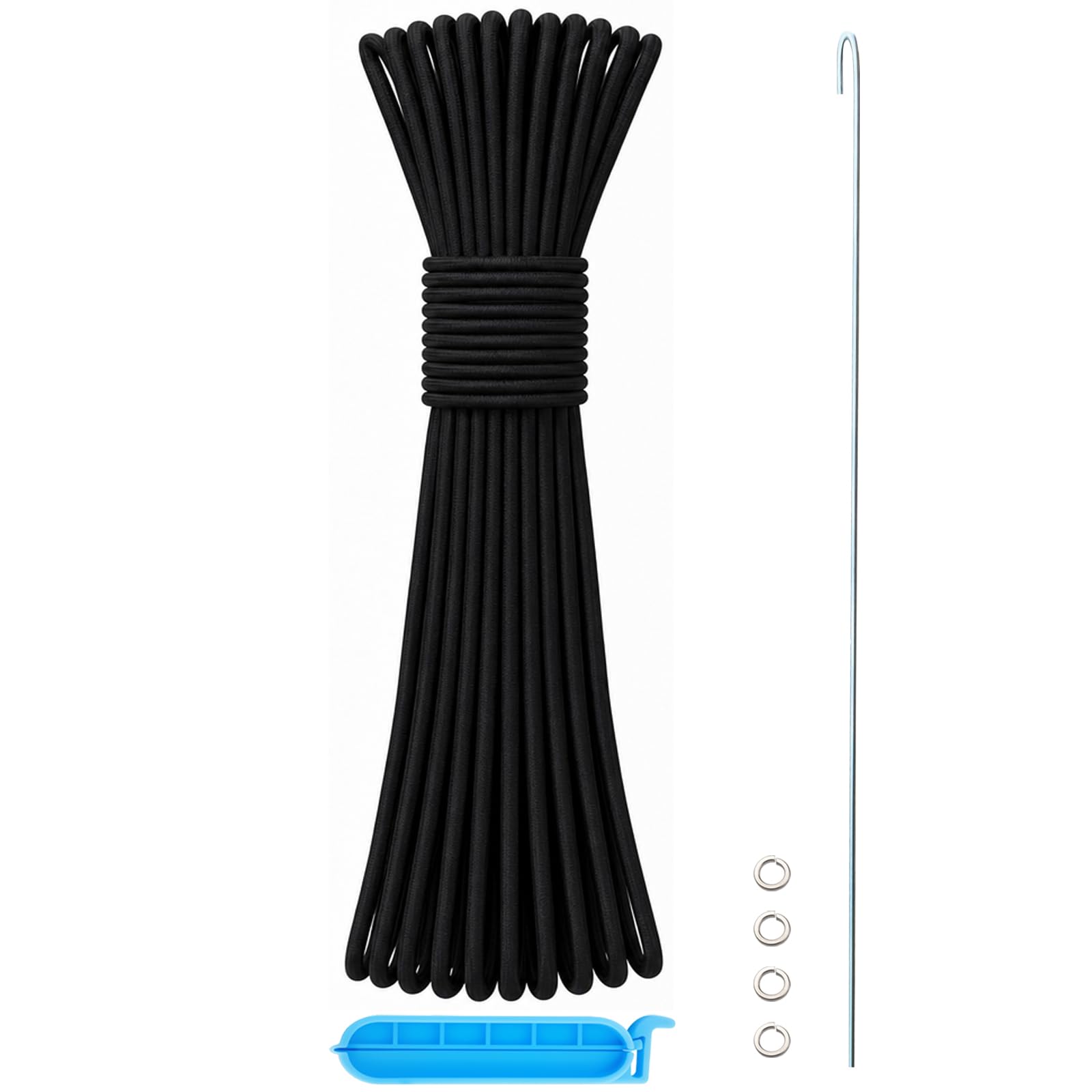 Tent Pole Shock Cord 1/8 inch 60ft, Replacement Shock Cord for Tent Rod, Tent Pole Repair Kit, Elastic Bungee Cord,Elastic Cord with Lead Wire/Washers/Clip (Black/Black)